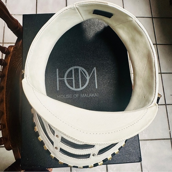 House of Malakai White Leather Futuristic Military Visor Hat – Studded Statement main image 5